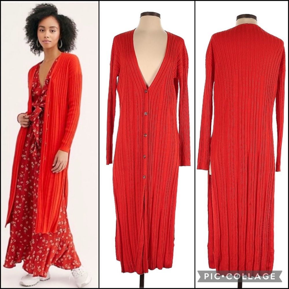 Free People Red Orange Longline Ribbed Cardigan Duster